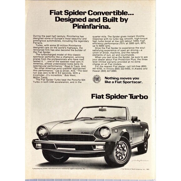 Fiat Spider Turbo Convertible "Designed & Built by Pininfarina" Print Ad 1982 - Picture 1 of 3